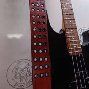 ANGUS YOUNG...   LEATHER RED BLOODED  GROMMET GUITAR STRAP  Australia  (MDLS0392)